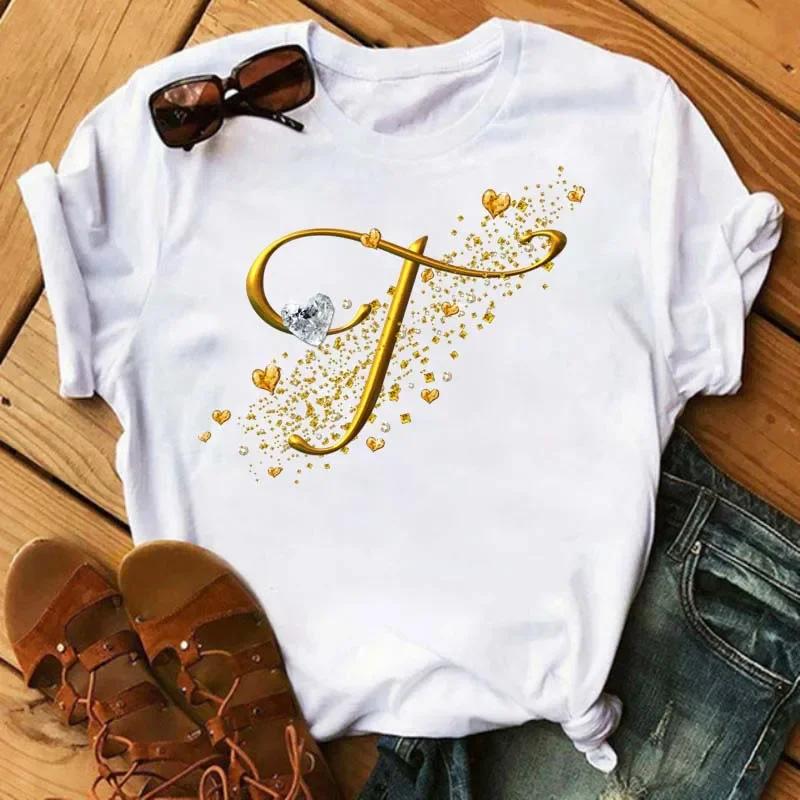 A letter combination Tshirt with a custom name suitable for short sleeved women's clothing with gold diamond letter font ABCDEF