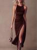 2026 Women's Solid Color Velvet High Slit Bodycon Dress - European and American Summer Fashion