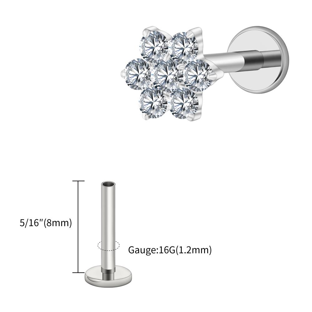 Right Grand ASTM F136 Titanium 16G Tiny Flower CZ Stud Earring Tragus Helix Rook Conch Labret Stud Flat Back Cartilage Piercing