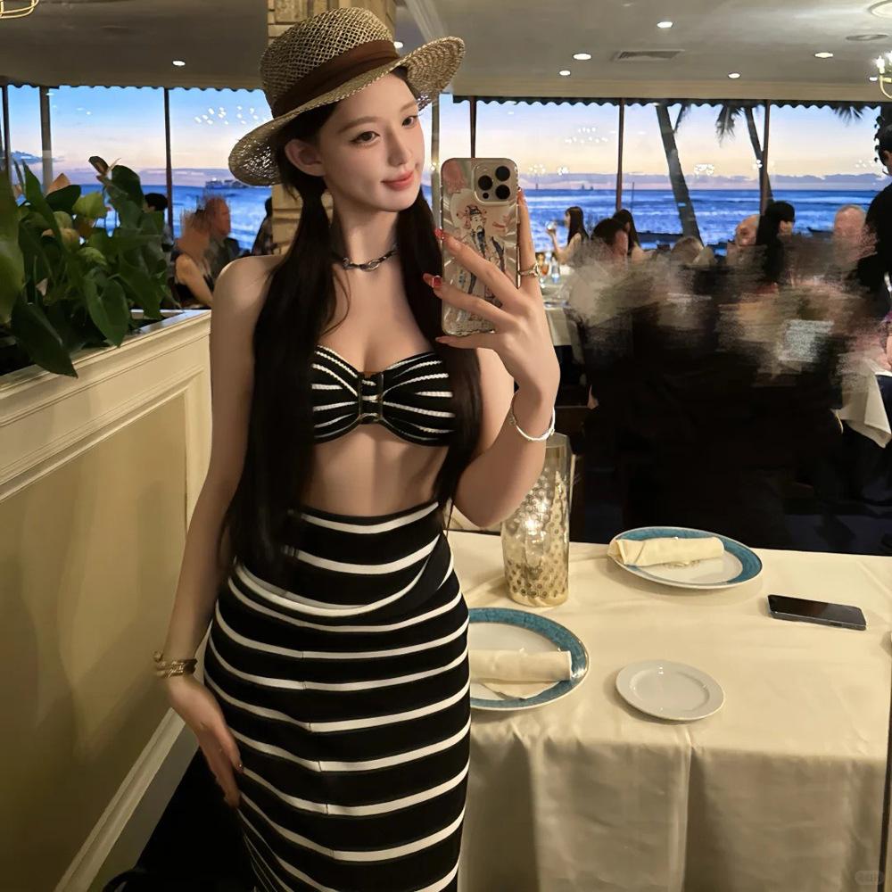 Black and White Striped Bikini Three-piece Set with Half-length Skirt Resort Style Swimsuit High-end Island Photo Internet Celebrity