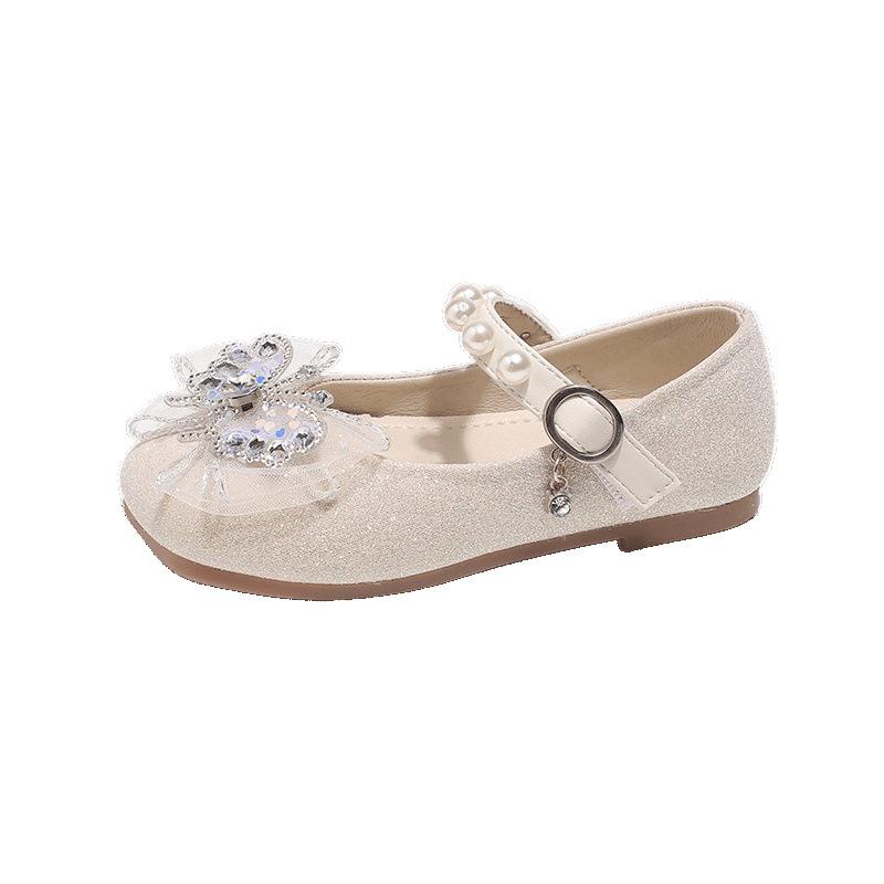 2025 autumn new children's crystal shoes butterfly girls single leather shoes fashion square mouth princess shoes soft sole classmate