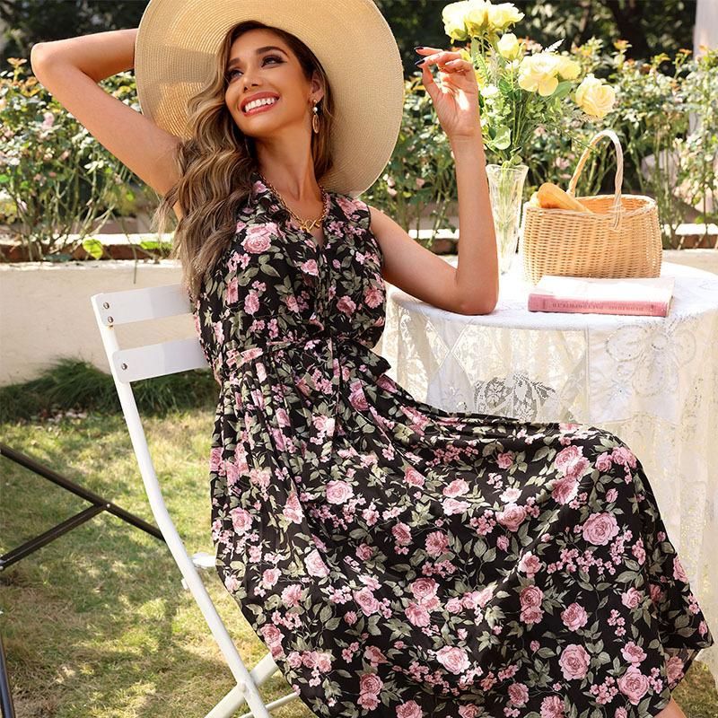 

Летнее Винтажное Идиллическое Платье с Цветочным Принтом Черное Длинное Платье XL чёрный