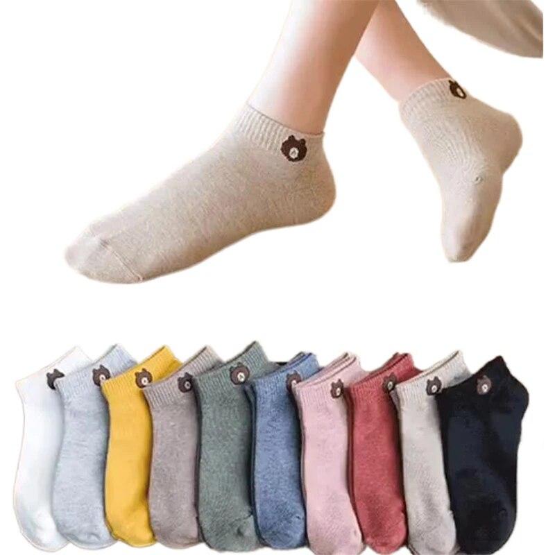 10 Pairs Women Low Tube Socks Set Cute Bear Pattern Fashion Breathable For Female Casual Style Comfortable Socks