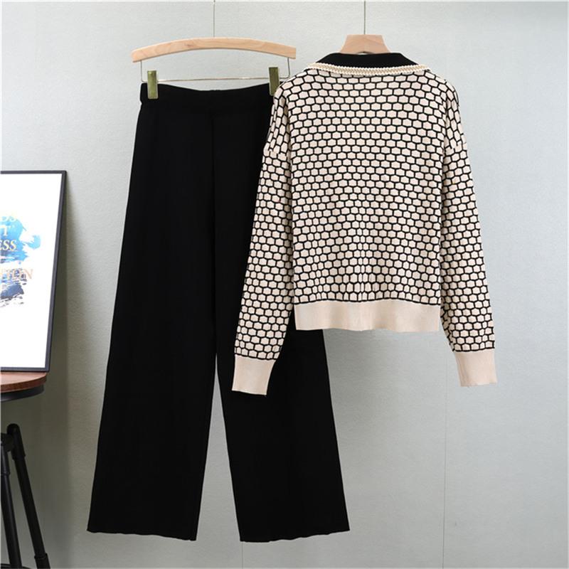 Autumn And Winter Checkered V Neck Knitted Cardigan Suit Women's Wide Leg Pants Two Piece Set