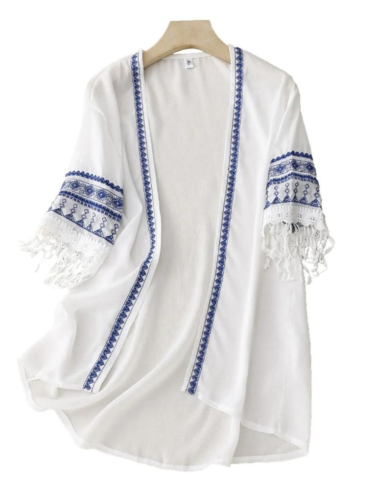 Women's Blouse Thin Chiffon Open Front Shirt Summer Ethnic Style Half Sleeved Embroidery Blouse Top Sunscreen Shirt