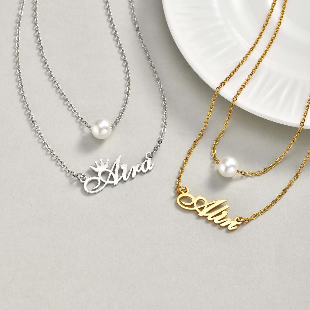 Double-Layer Free Customized Name ECG Cross Necklace for Women Rolo Chain Stainless Steel Necklaces,Personalized Jewelry Gift