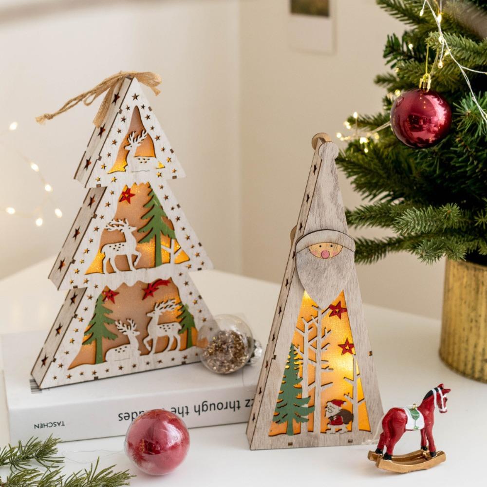 Christmas Decorations DIY Handmade House Luminous Wooden Ornaments Christmas Tree Snowman Atmosphere Pendant Send Light String