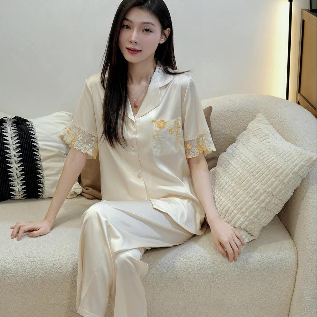 Elegant Ice Silk Women's Pajamas: Summer Short Sleeve, Light Luxury, Versatile Home Wear, Douyin's Hot Seller