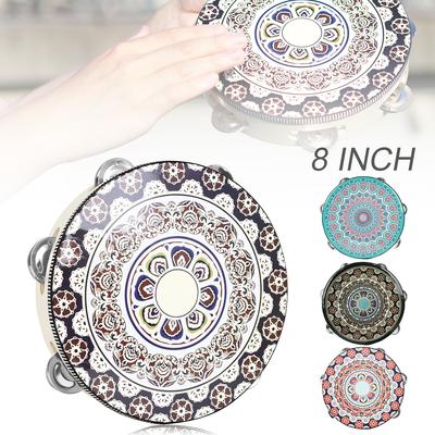 Wooden 8 Inch Single Row Jingles Flowers Pattern Tambourine Party KTV Church Music Show Handbell Hand Drum