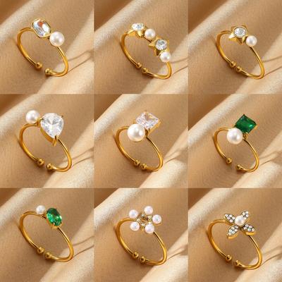 Mini Gold Color Opening Rings Cute Women Zirconia Imitation Pearl Anillos Flower Stainless Steel Ring Romantic Proposal Jewelry