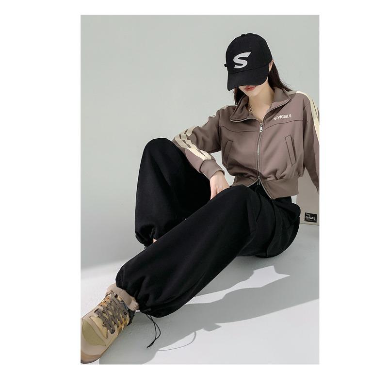 Retro Gray Work Clothes Trousers for Women New Loose High Waist Straight Tying Feet Casual Sports Trousers