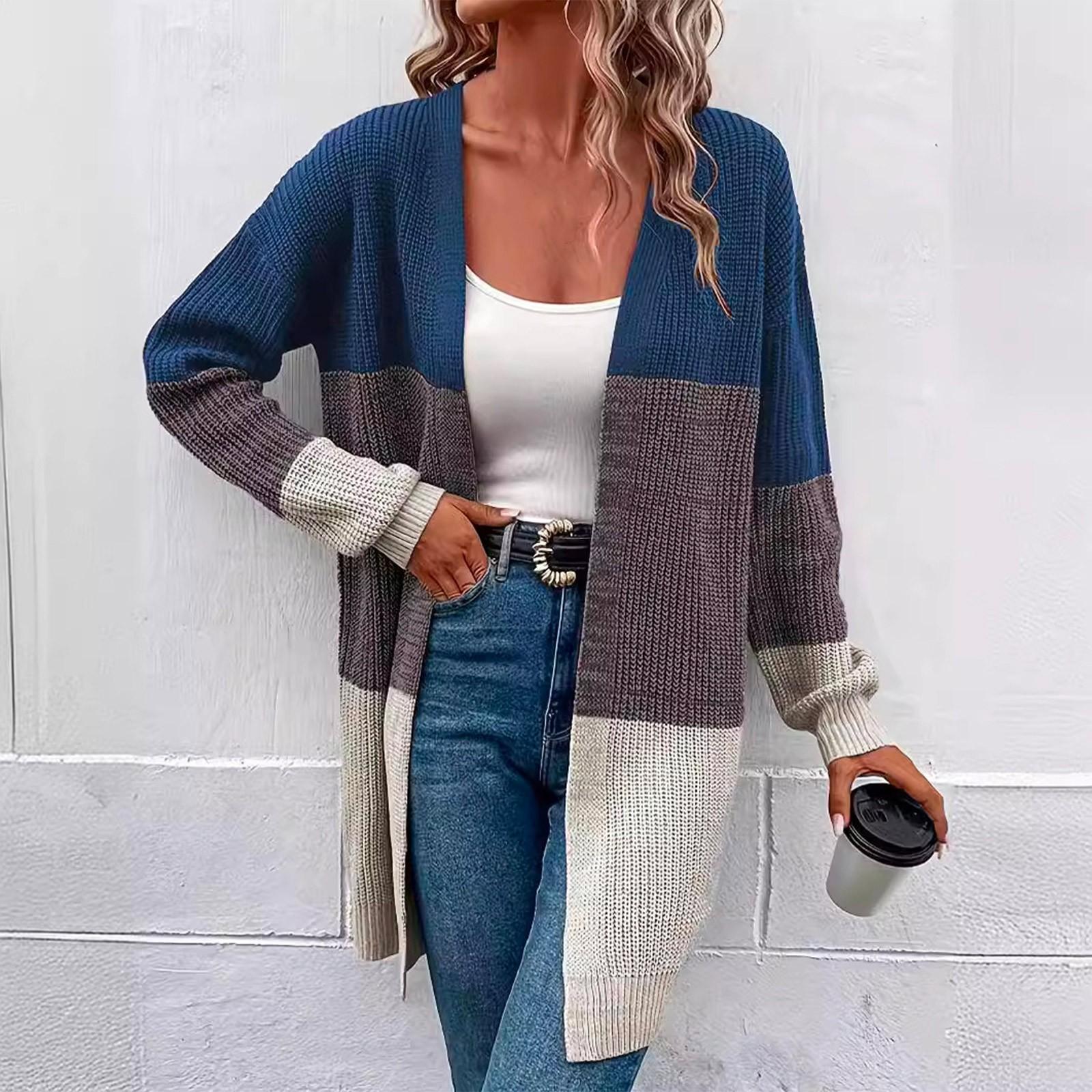 

Женская осенне-зимняя мода ретро повседневная с длинным рукавом цветная блокирующая трикотажная куртка-кардиган средней длины M синий