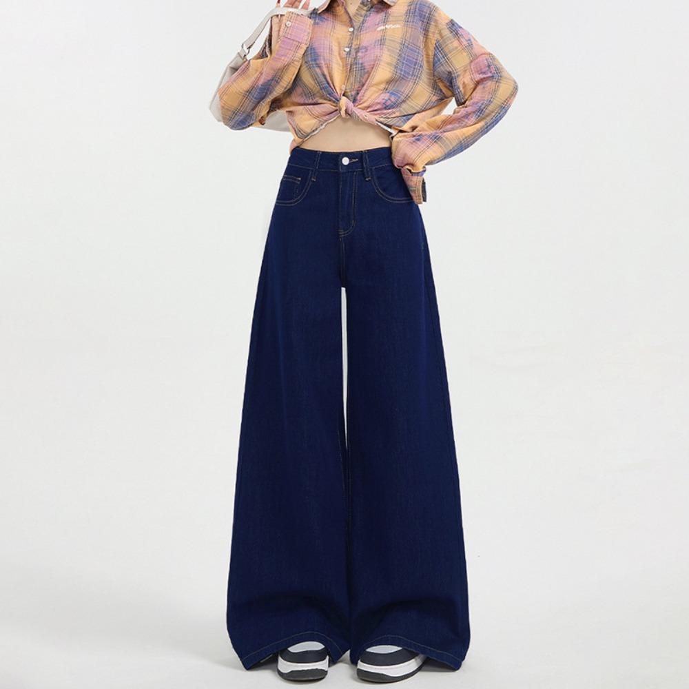 Personalized dark blue loose wide-leg jeans women's new spring and autumn high-waisted thin and drape floor-mopping jeans