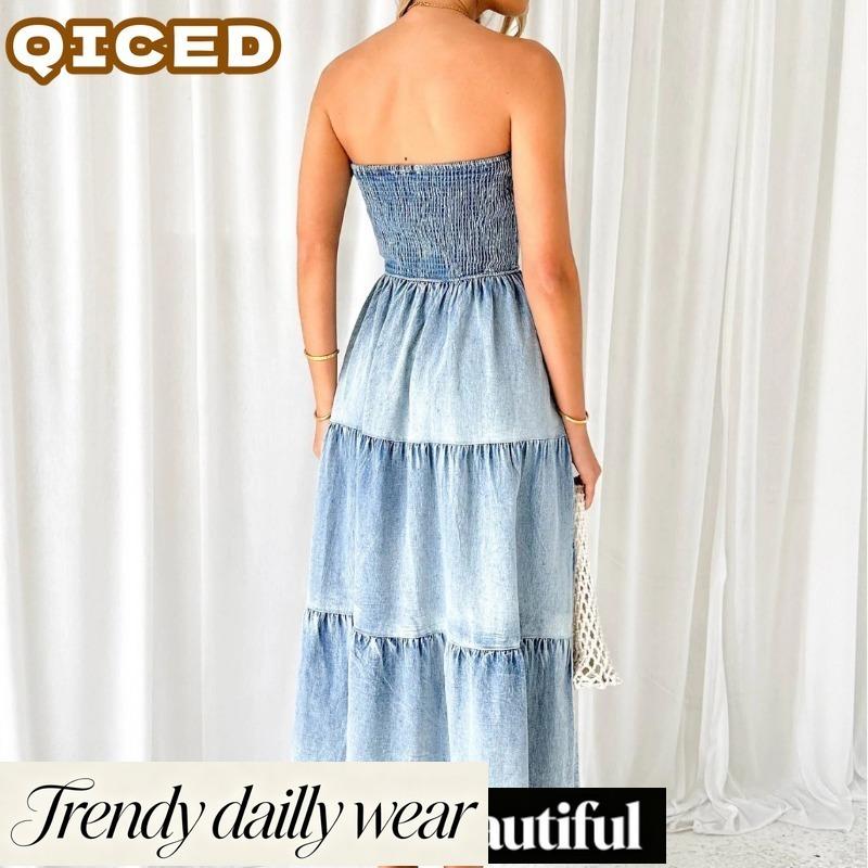 QICED Fashion Summer Spring Solid Color Print Sleeveless Casual Dresses