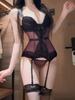 Role Play Lingerie Women's Sexy Mesh PU Leather Splicing See-through Slim Hanging Neck Free Temptation Erotic Open Anal Bodysuit