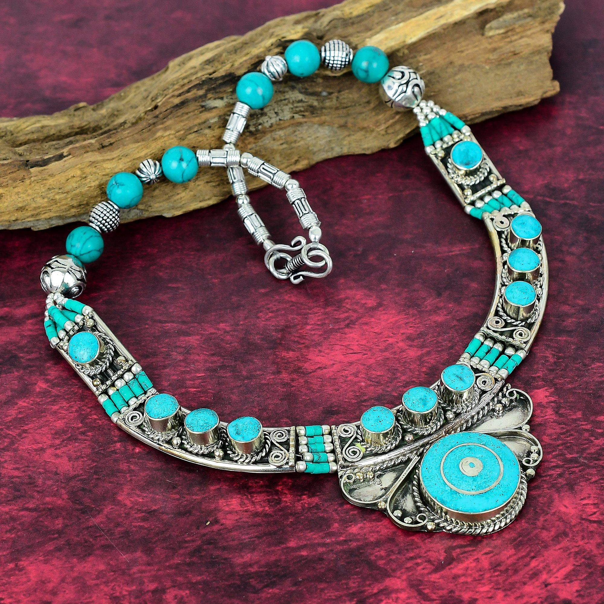 

Blue Turquoise Handmade Gemstone Necklace, 925 Solid Sterling Silver Antique Nepali Jewelry Adjustable Chain Necklace, For Engagement Gift