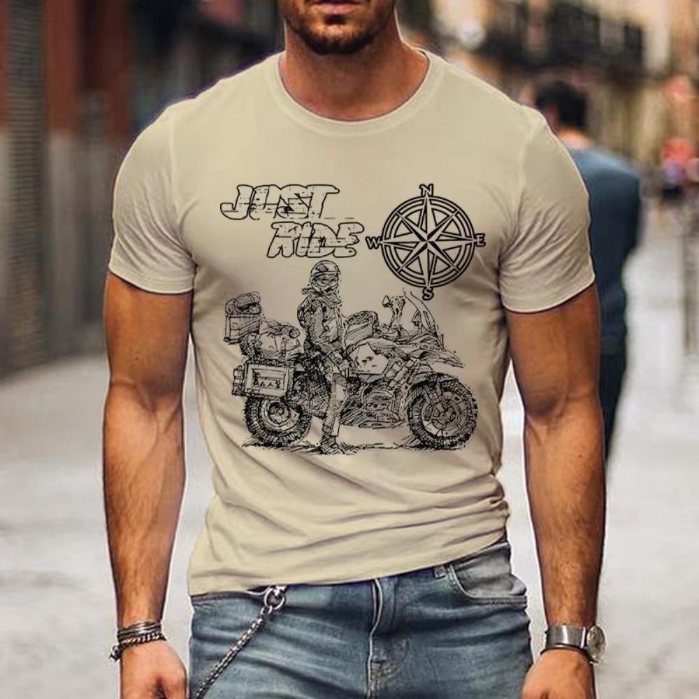 Fashion Summer T-shirts Just Ride Motorcycle with Compass Print Men's T-shirt Street Style Short Sleeve Men Tees