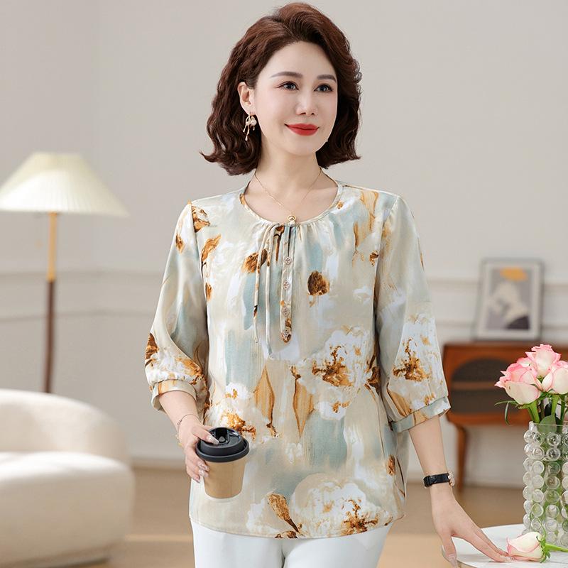 2025 Trendy Chiffon Summer Top for Moms – Mid-Sleeve Blouse for Middle-Aged and Elderly Women