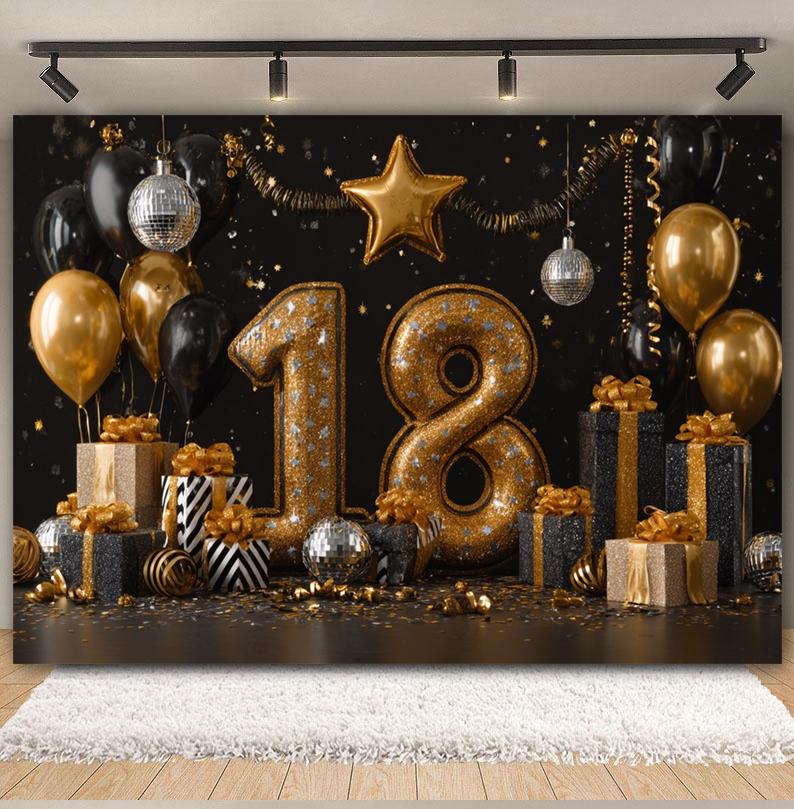 Black and Gold Balloon Gift Theme 18th Birthday Banner Backdrop Cloth Adult Gift Birthday Party Decoration Photography Backdrop