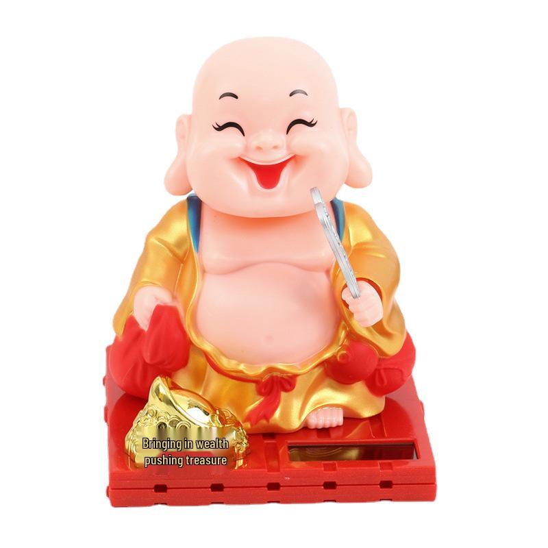 Online Solar-Powered Wooden Little Monk Car Figurine - Buddha Decoration