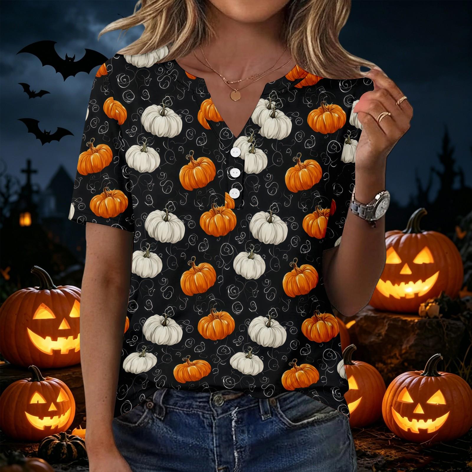 Women s Halloween Printed Short Sleeve V-Neck T-Shirt with Pocket Loose Fit L