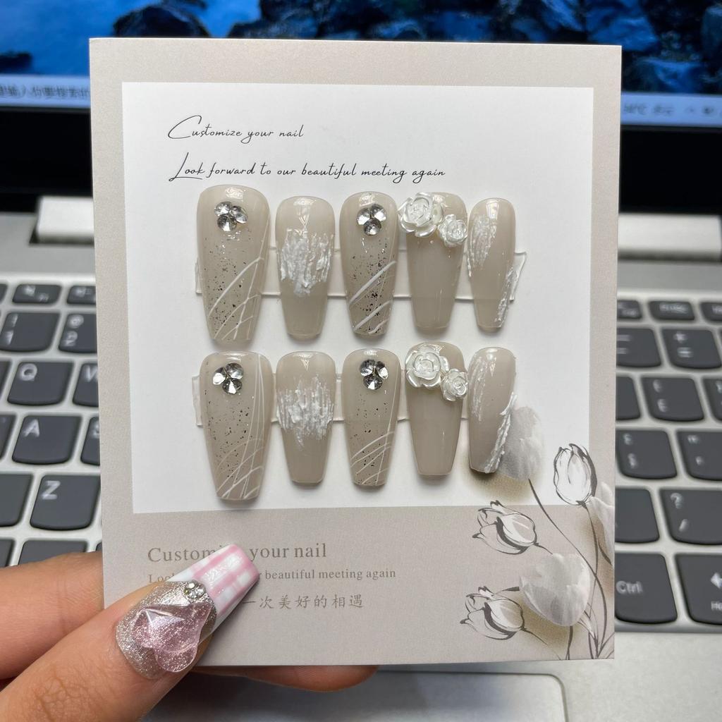10pcs/set Purely Handmade Wearable Nails Removable Nail Art French Simple False Nails Finished Long and Short Nails