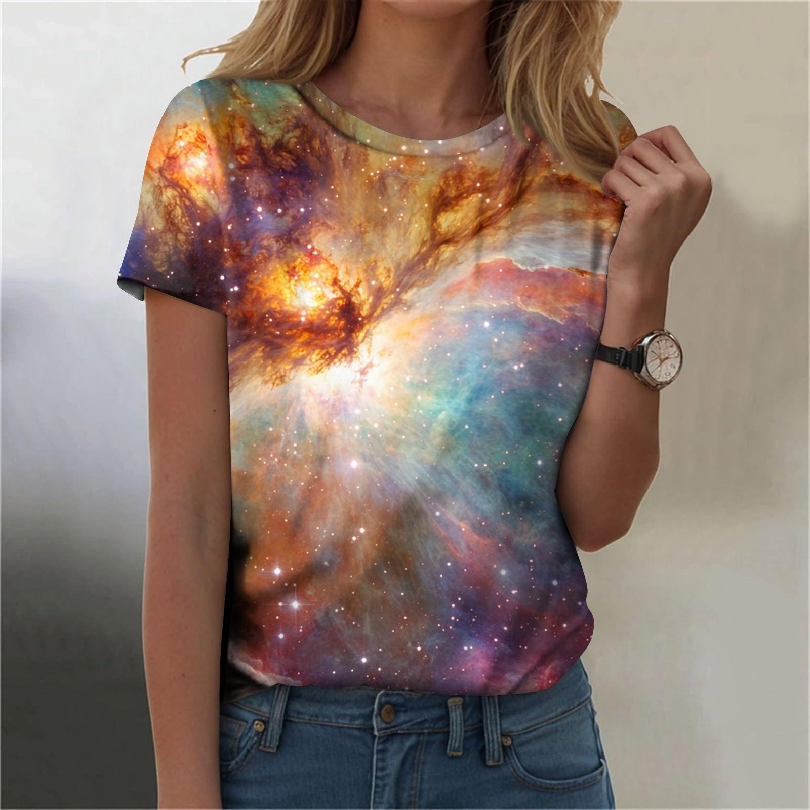 

Женская мода повседневная футболка с круглым вырезом и короткими рукавами с принтом неба XXL розовый