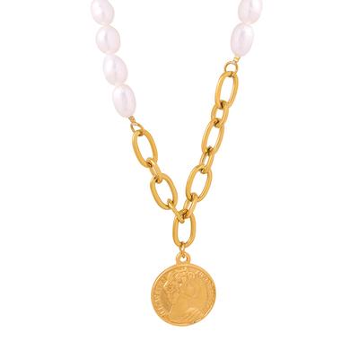 Embossed Portrait Round Brand Pendant Necklace Natural Freshwater Pearl West Empress Dowager Titanium Steel Versatile Clavicle Chain Jewelry