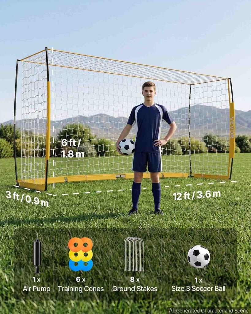 VEVOR Soccer Goal 3.6 X 1.8 M Soccer Net for Backyard Collapsible Base Yellow, Portable & Quick Setup, with Metal Base, Carry Bag, Ground Stakes