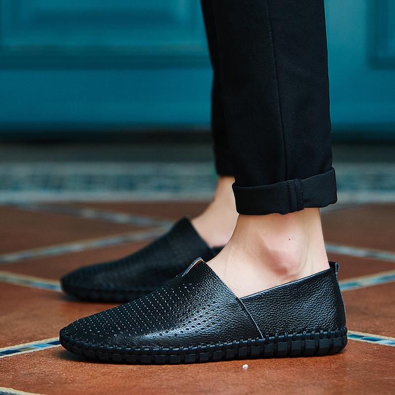 Men's Hollowed Out Leather Shoes Handmade Flat Moccasin Slip Into One Stirrup Casual Boat Shoes