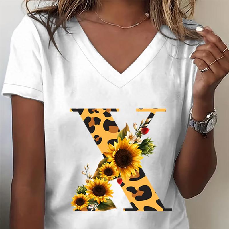 Unisexs Vneck Tshirt Sunflower Leopard Print Letter R Graphic Tee Watercolor Flower Leopard Print Tshirts Az 26 Alphabet Top