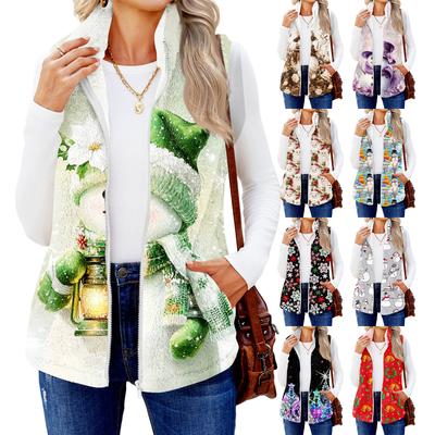 Gilet Cardigan di Pile alla Moda e Caldo con Stampa Natalizia da Donna
