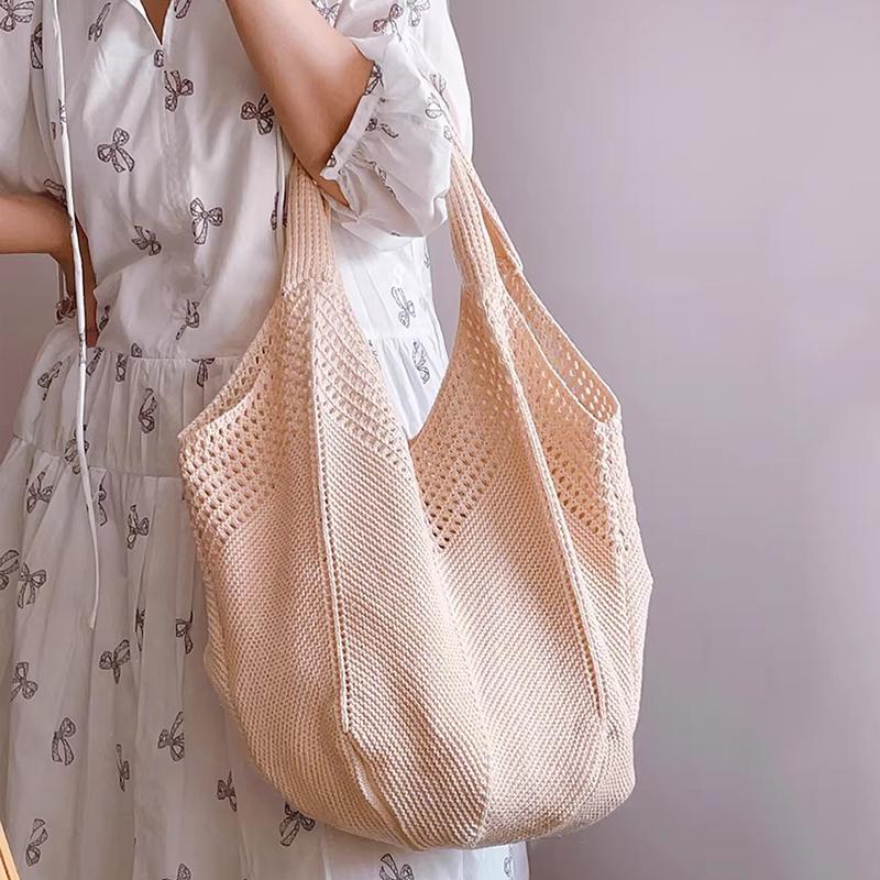 Yogodlns Casual Hollow Women Shoulder Bag Solid Color Large Capacity Summer Woven Beach Bag Foldable Handmade Crochet Tote Bag