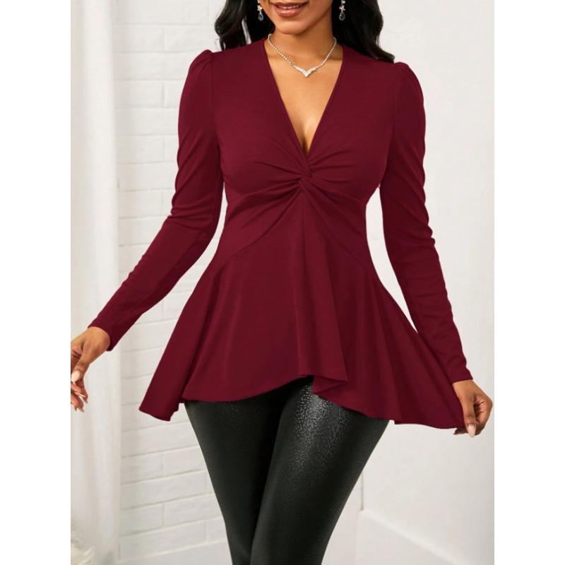 T-shirt da donna S con scollo a V, torsione, tinta unita, manica lunga, top casual