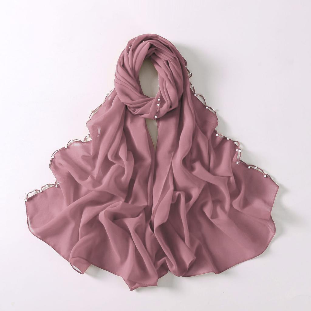 Pearl Edge Chiffon Hijab Scarf Women Muslim Long Shawl Soft Plain Head Wrap Beaded Border Lightweight Islamic Turban