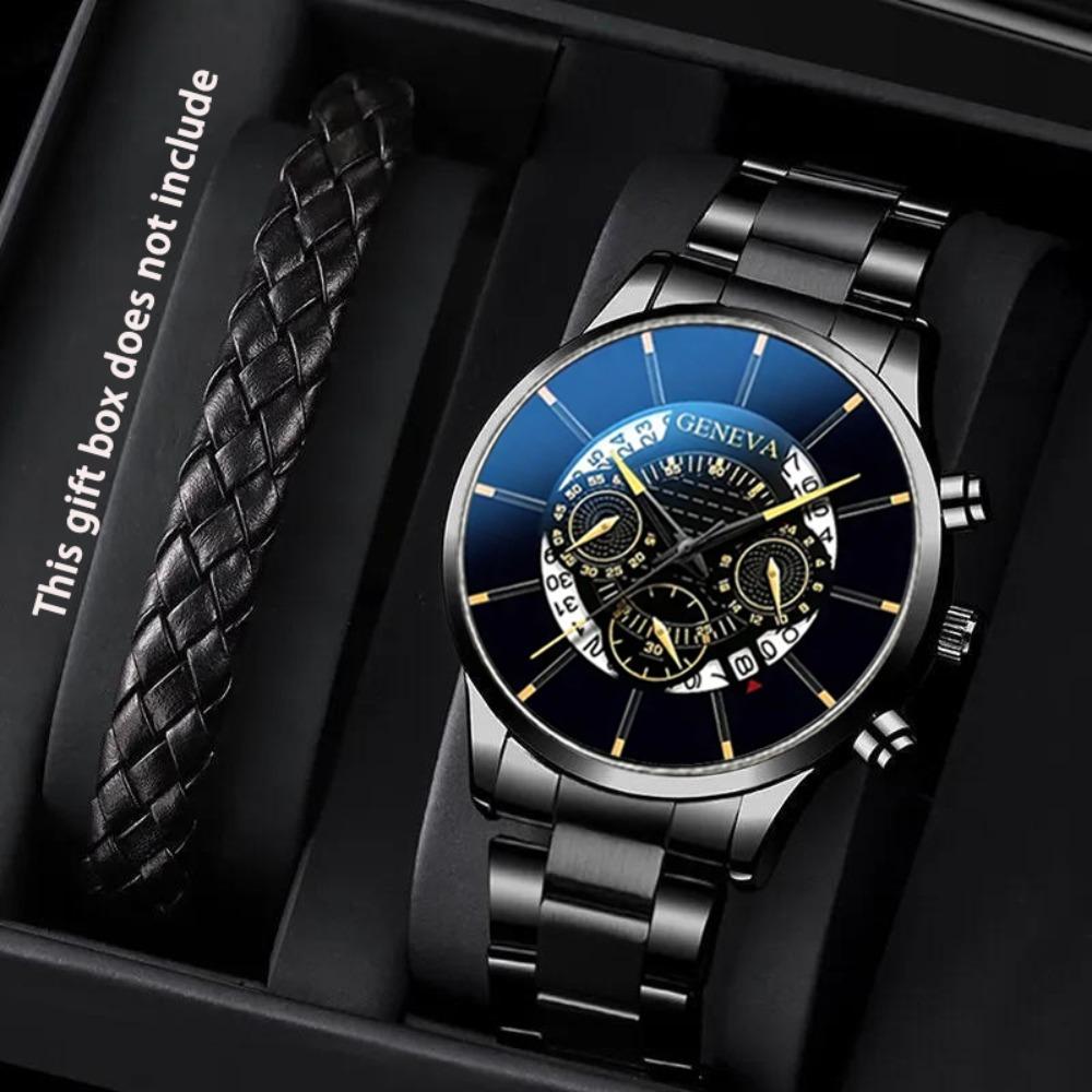 Genevn 2-Piece Set Men S Steel Belt Watch Men S Quartz Watch Fashion Watch Set
