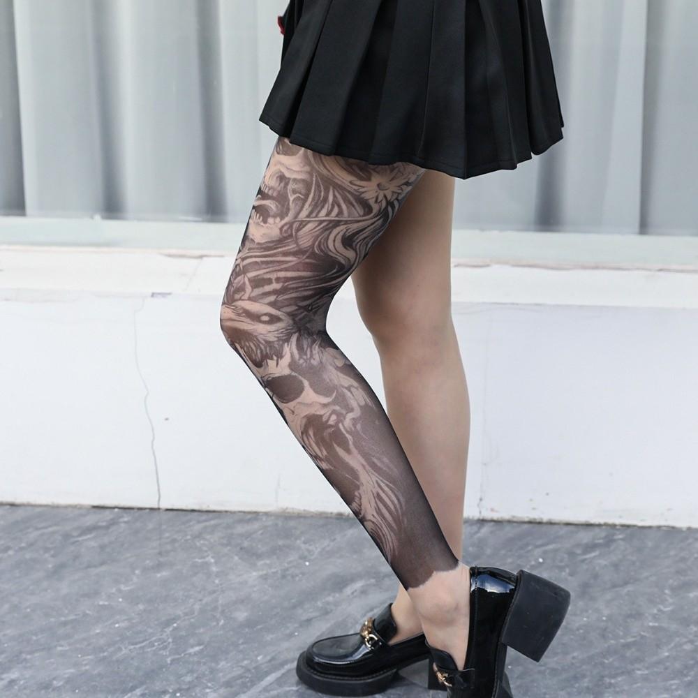 1pc Simulated Tattoo Single-leg Socks Sexy Terrifyin Women's Printed Thigh Socks Perspective Mesh Tattooed Stockings Summer