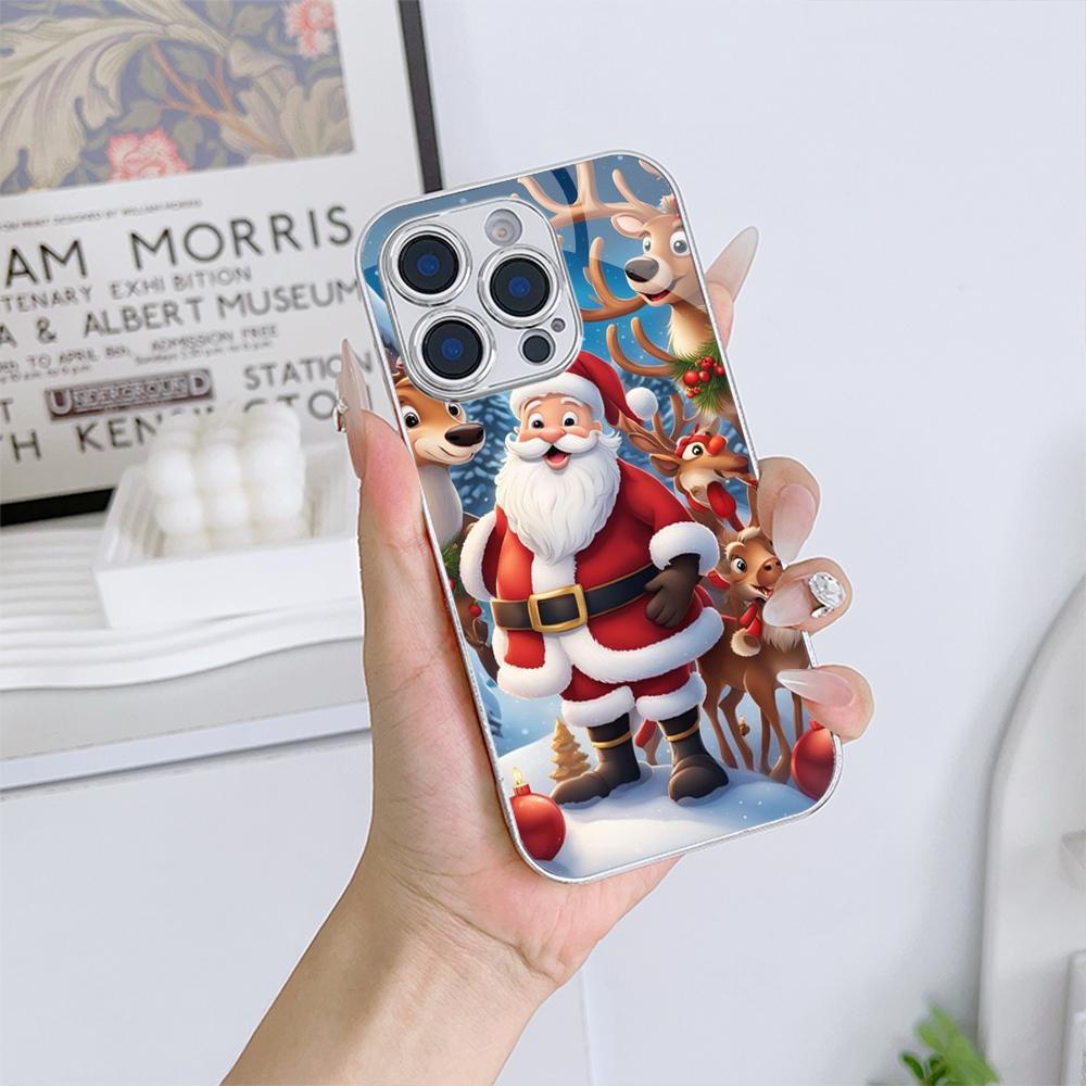 Ae119 Merry Christmas Santa Art Design Electroplated Glass Phone Cases for SamsungS25 Ultra iPhone 16 Pro Xiaomi Redmi Lens Full Protection Back Cover