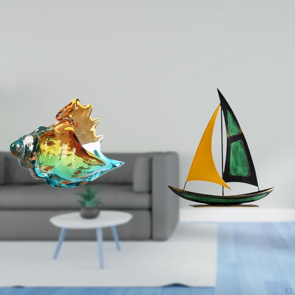 Glass Iron Conch Sailboat Figurine Sea Animal Sculpture Art Decor Craft Statue Ornament for Home