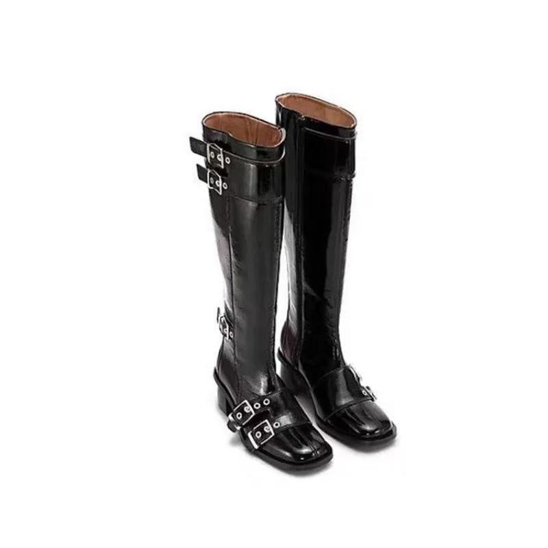 Fashion Brand Design Belt Buckle Decoration Black Knee High Boots Autumn Winter Fashion Round Head Spicy Girl Sexy Women Long Boots 43