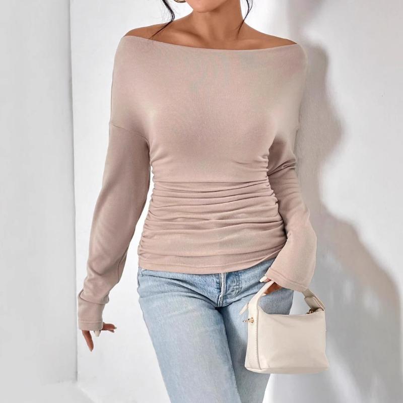 Top Europeo da Donna a Spalle Scoperte con Scollo Asimmetrico Maniche Lunghe Eleganti per Primavera Autunno