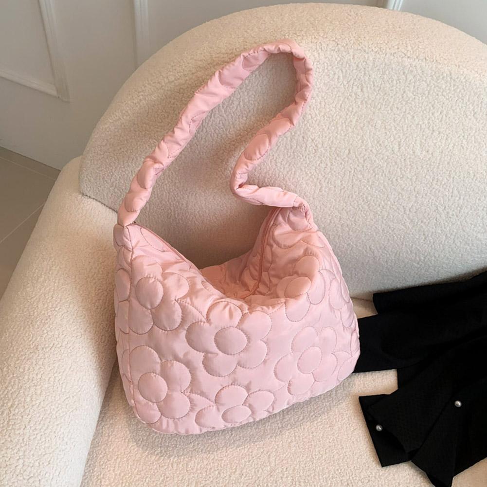Women Puffy Hobo Bag Fashion Down Tote Handbag Casual Floral Quilted Tote Bag Lightweight Large Capacity Slouchy Shopper Bag