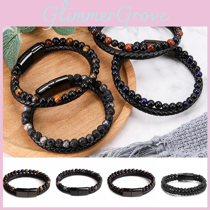 Stylish Men's Bracelet With Volcanic Stone Beads Alloy Clasp And Faux Leather