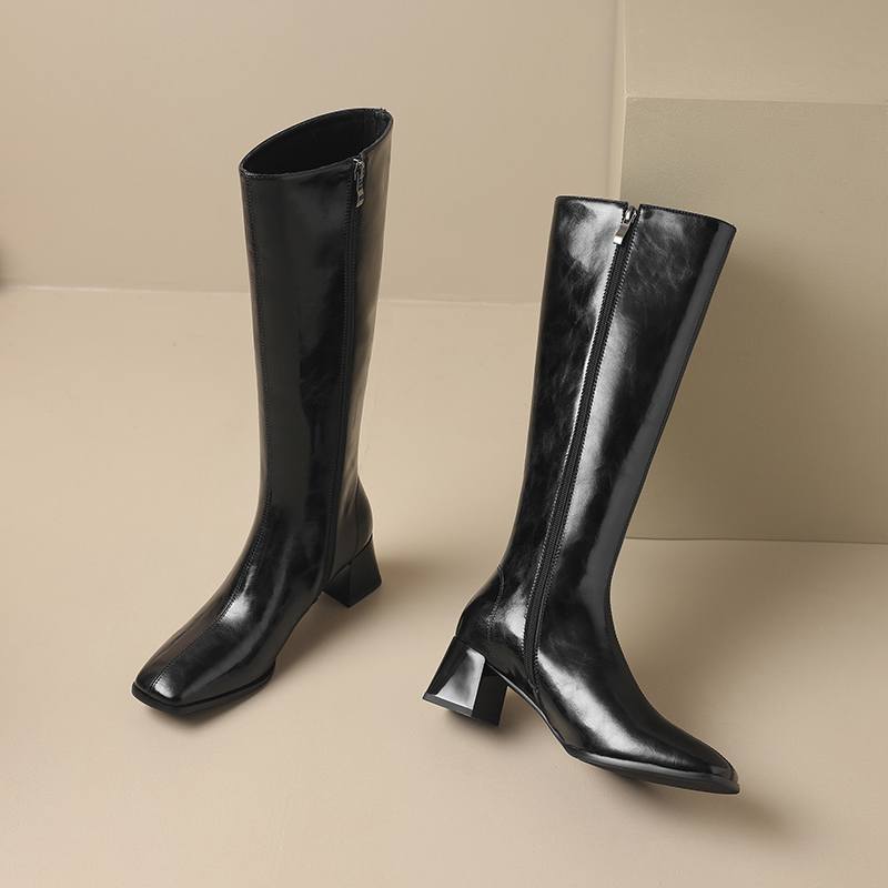 Krazing Pot Hovězí kůže Zimní hranatá špička Silné vysoké podpatky Jezdecké boty Dámské Zip Retro Vintage Vysoké boty na stehna