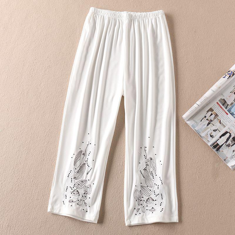 

A622 Minimalist All-Match Cropped Pants Ice Silk Thin Embroidery White Embroider XL