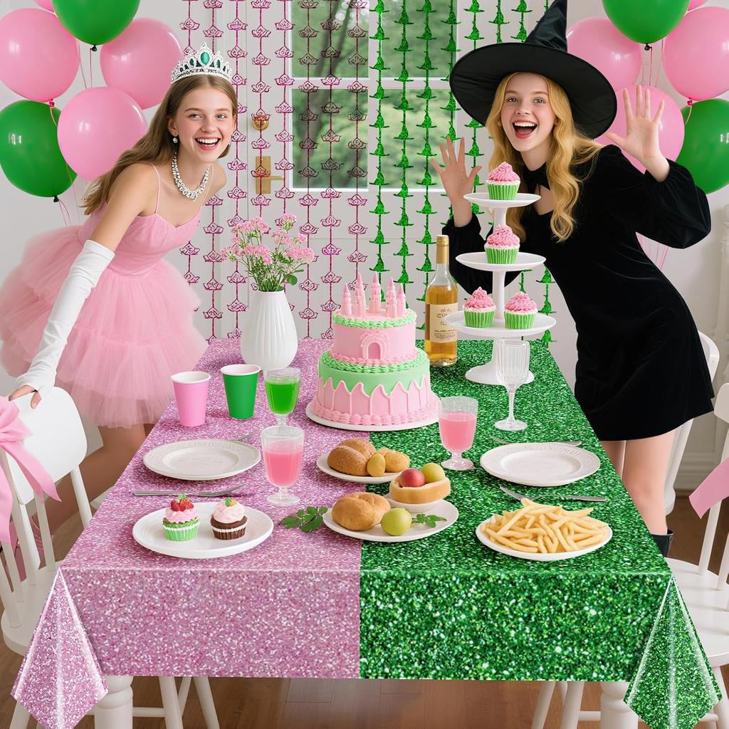 Witch Hat Crown Curtain Magic Bad Witch Theme Party Decoration,3.3 x 6.6ft Tel Foil Curtain Backdrop, Pink and Green Waterproof Tablecloth for