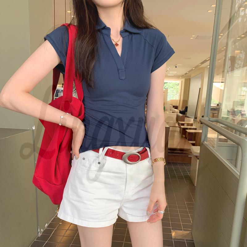 Real Shot Women s White Lapel Short-Sleeved T-Shirt - 2026 Summer Bestseller Large темно-синий