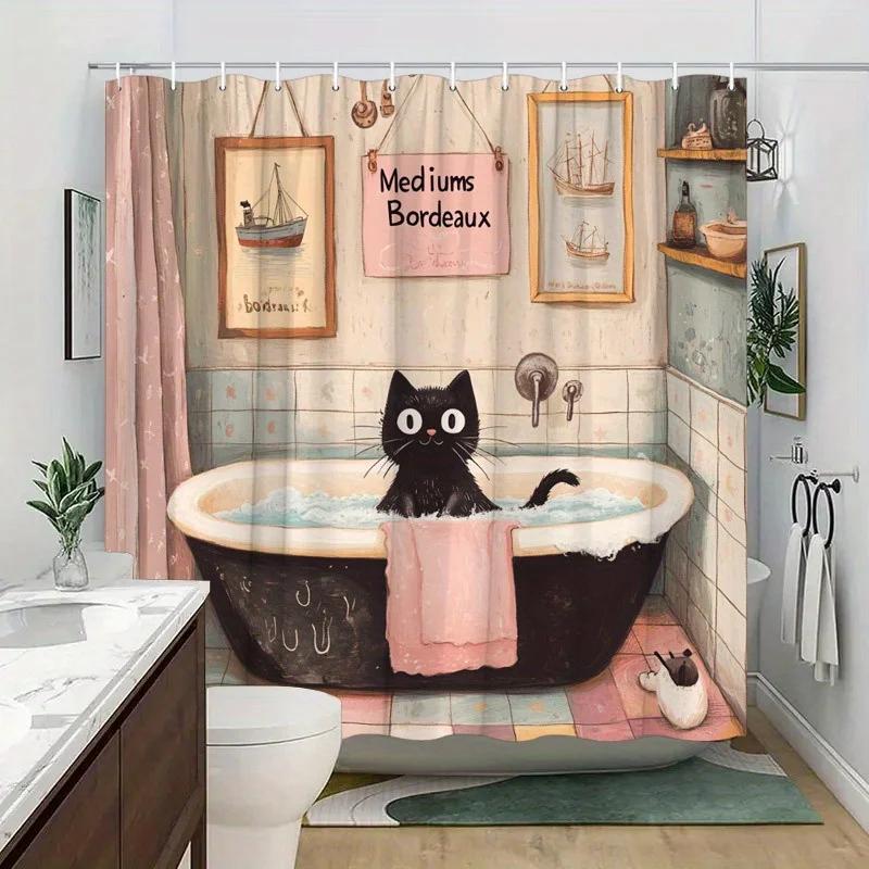Charming Cat in Bathtub Shower Curtain - Vintage Nautical Design for Cozy Bathroom Décor, Waterproof, Easy Care & Unique Charm