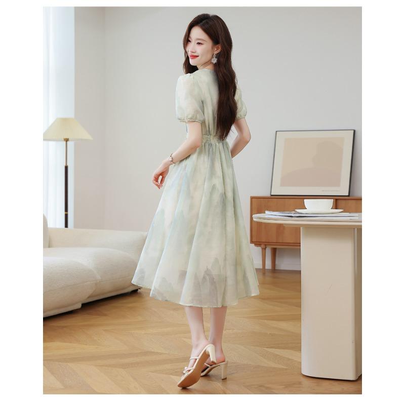 Fashion High Waist Summer Dress Floral Print Chinese Style Midi Short Sleeve