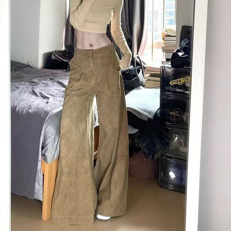 

American Vintage Women s Khaki Wide-Leg Floor-Length Jeans: Autumn Loose Slimming Drapey Straight-Leg Trend. Medium хакі